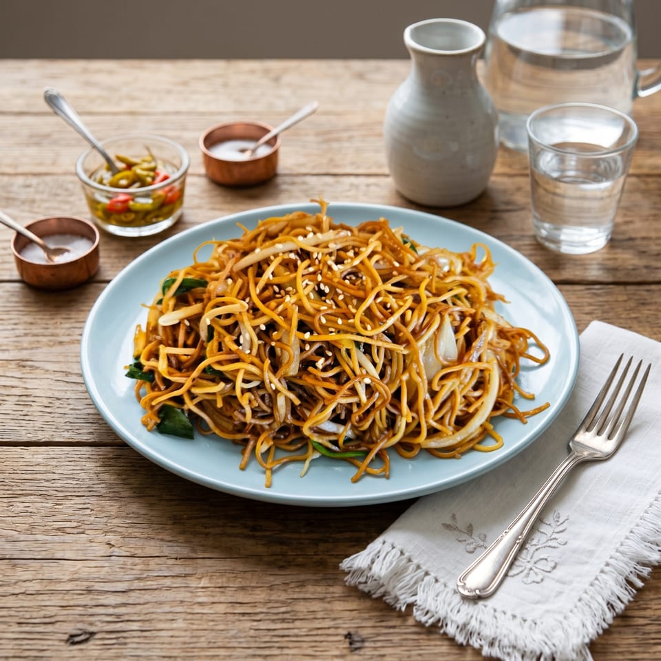 A blue plate of sesame noodles with vegetables, accompanied by water and condiments on a wooden table.