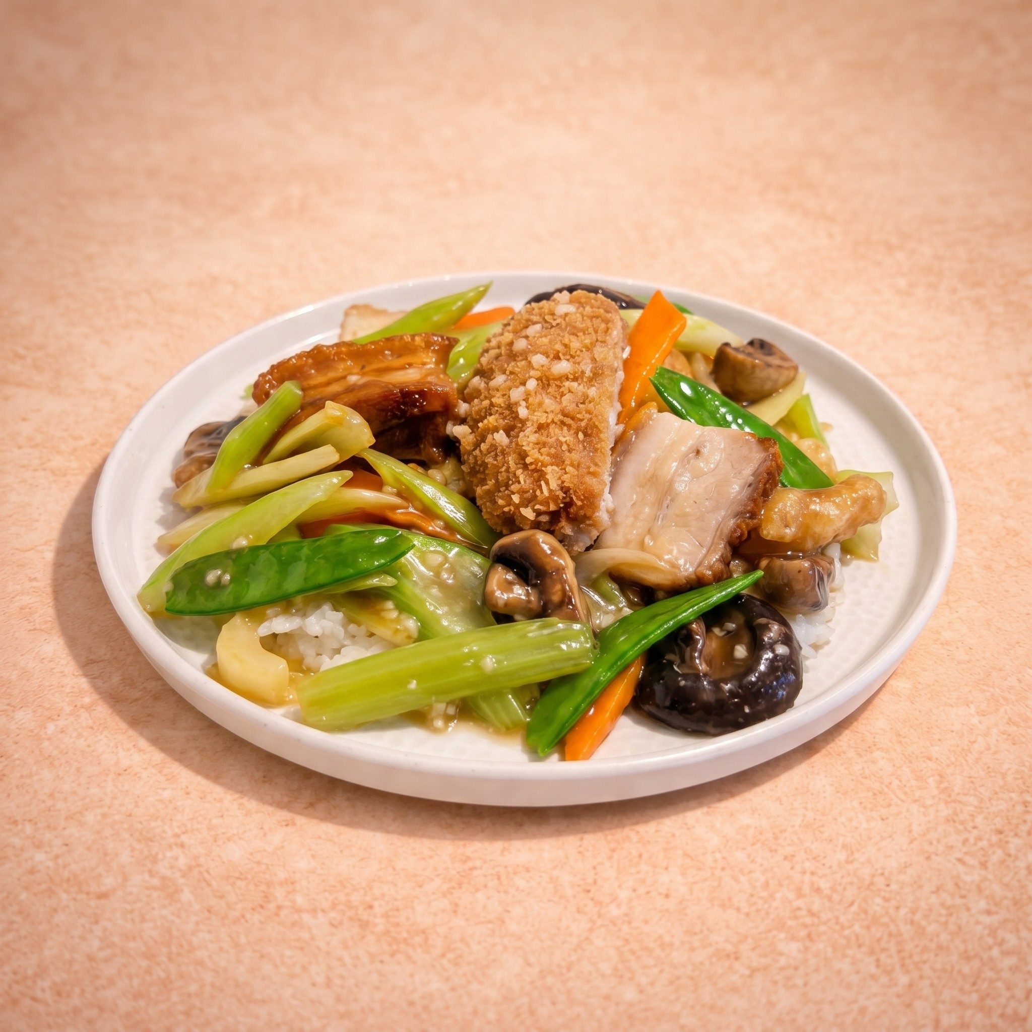 Cod Fillet & Roast Pork Over Steamed Rice (豆腐班腩燴飯).